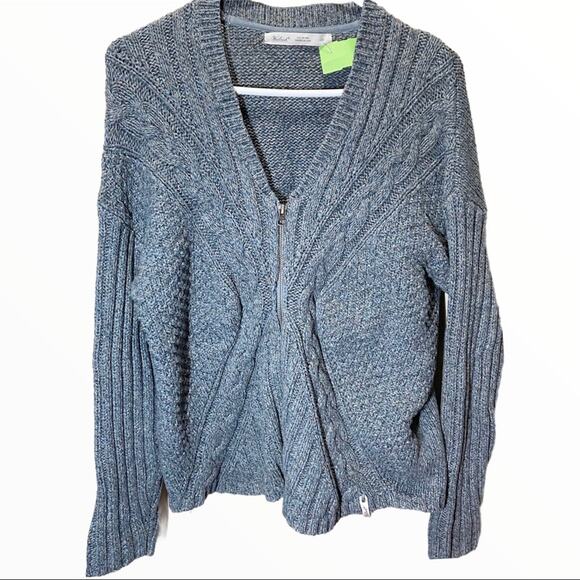 Woolrich Cable Knit Zip Cardigan Merino Wool Cotton Marled Lagenlook Blue Large - Picture 1 of 4